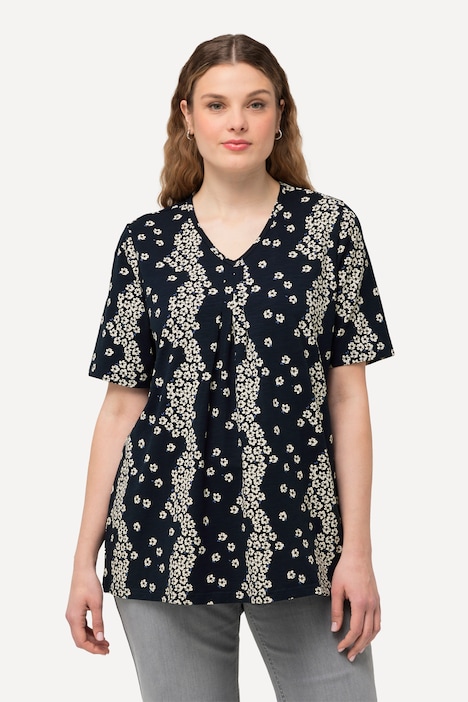 T-Shirt, Blüten, Zierfalten, V-Ausschnitt, Halbarm
