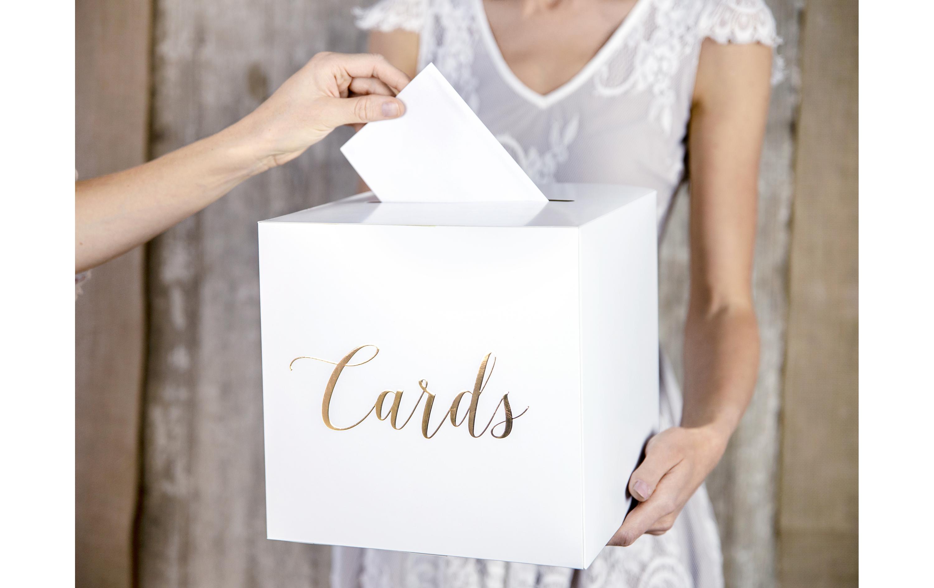 Hochzeitsaccessoire Kartenbox Cards 24 x 24, Weiss/GoldBox für Karten mit Glückwünschen für das Brautpaar von der Hochzeit