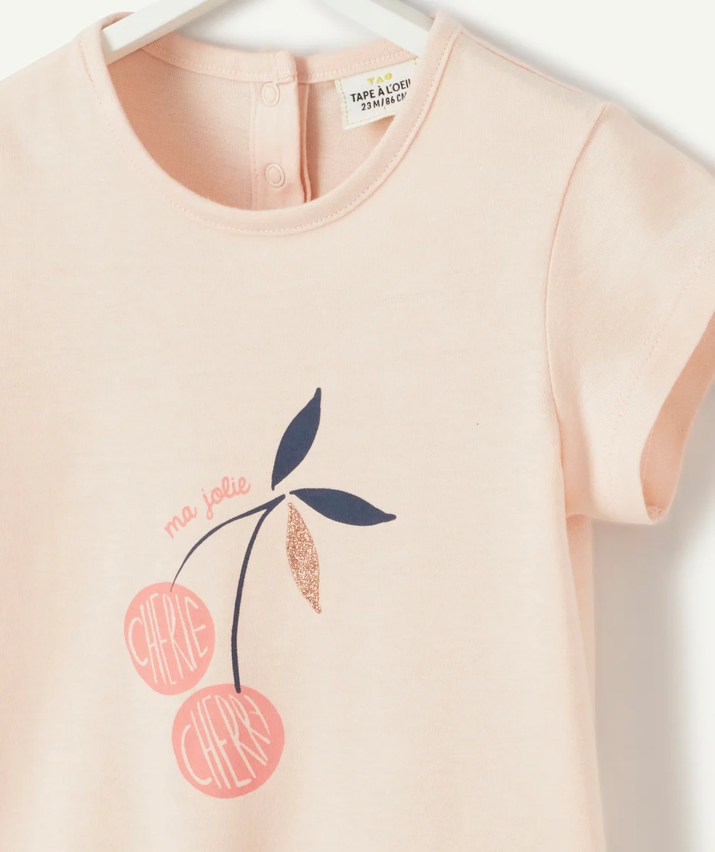 T-SHIRT BÉBÉ FILLE EN COTON BIOLOGIQUE ROSE AVEC CERISE