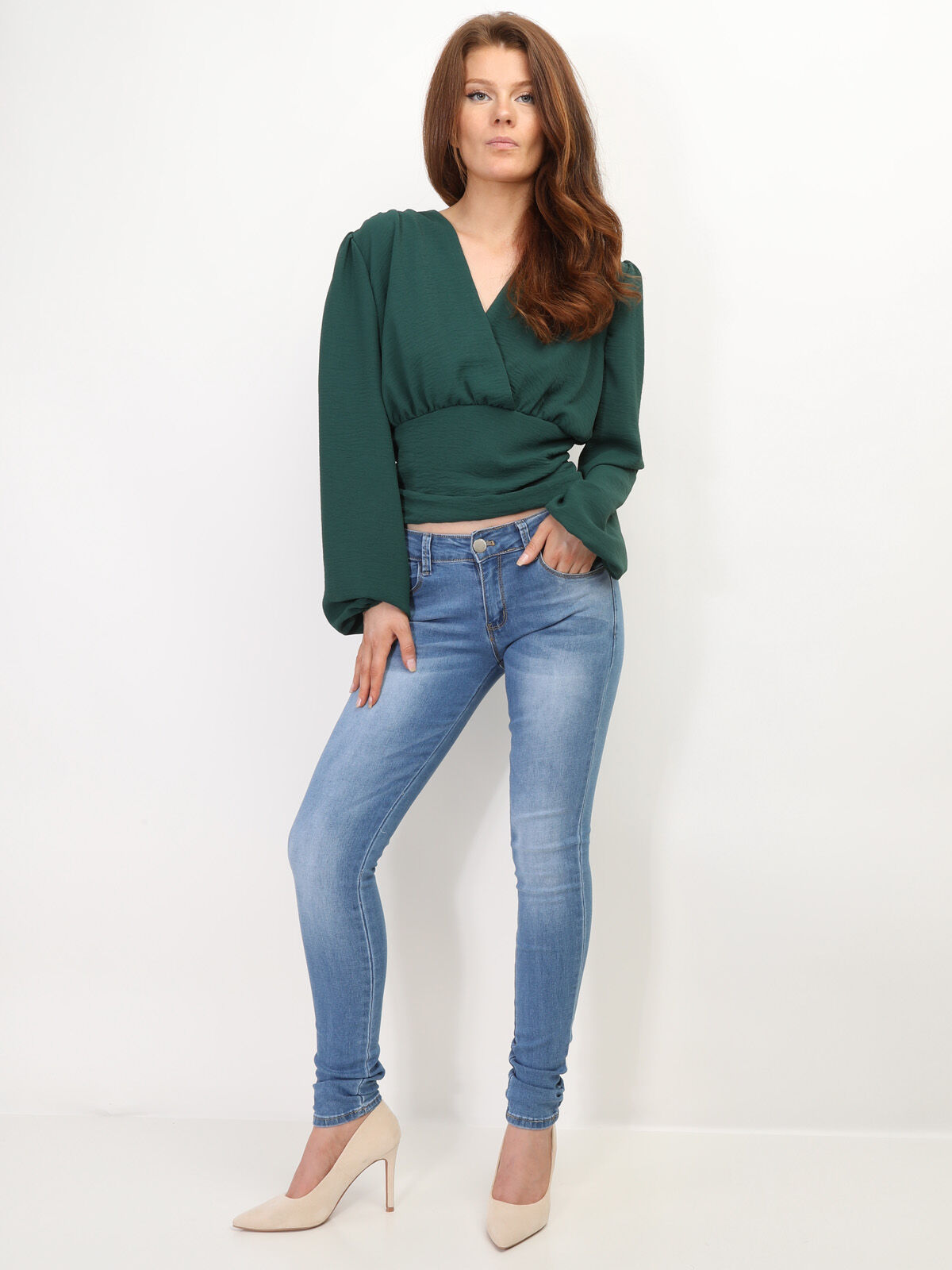 Jeans skinny push-up délavé- Bleu