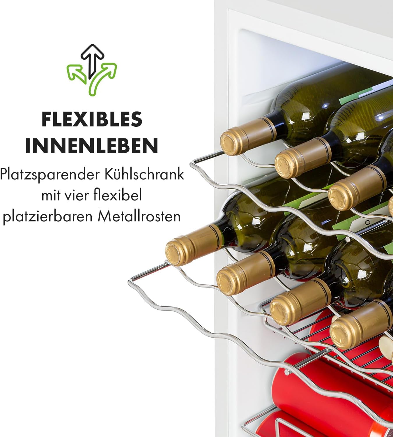 Klarstein Mini Kühlschrank mit Glastür, für Zimmer, Getränkekühlschrank mit Verstellbaren Ablagen, Kleiner Kühlschrank mit Wellenform-Racks, 60 Liter Leise