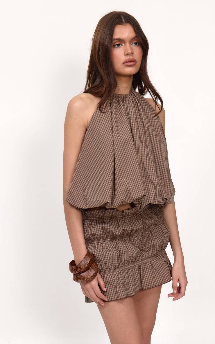 Marron Ensemble Jupe À Carreaux Avec Volants