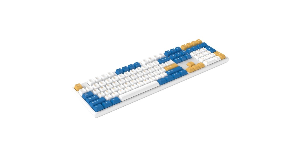 HelloGanssHS108T GC08, toetsenbord  (Wit/donkerblauw, US lay-out, Gateron Yellow, RGB leds, PBT Doubleshot keycaps, hot swap, 2,4 GHz / Bluetooth / USB-C)
