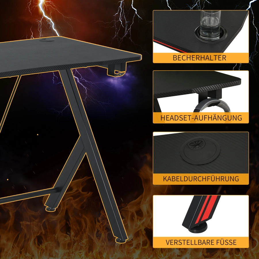 HOMCOM Gamingtisch mit Headset-Haken und Getränkehalter schwarz