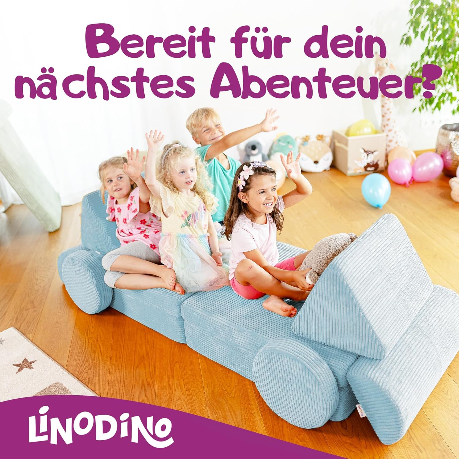 Linodino® Spielsofa Cord Fantasiewelt, Kindersofa-Bausteine - Stapelsteine für Kinder - Kindercouch, Sofa-Kuschelecke | Schaumstoff-Softbausteine | Oeko-TEX 100 Zertifiziert | Einhornblau