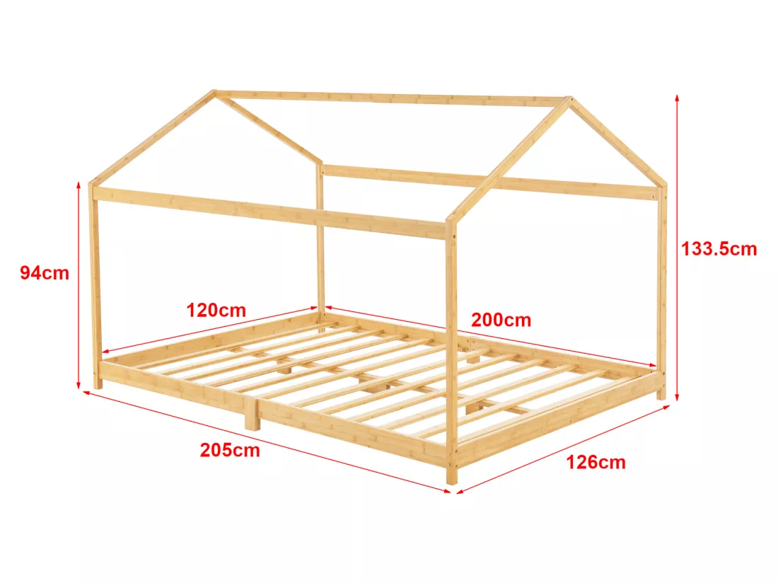 Lit cabane Vindafjord pour enfant 120 x 200 cm forme maison bambou naturel [en.casa]