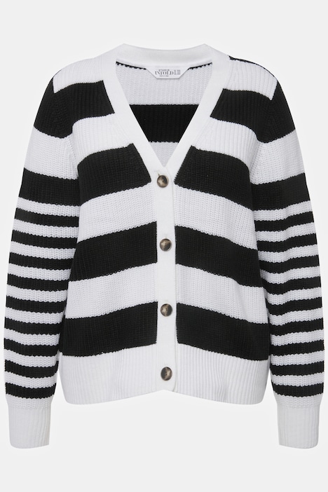 Strickjacke, Boxy Fit, Streifenmix, V-Ausschnitt, Langarm