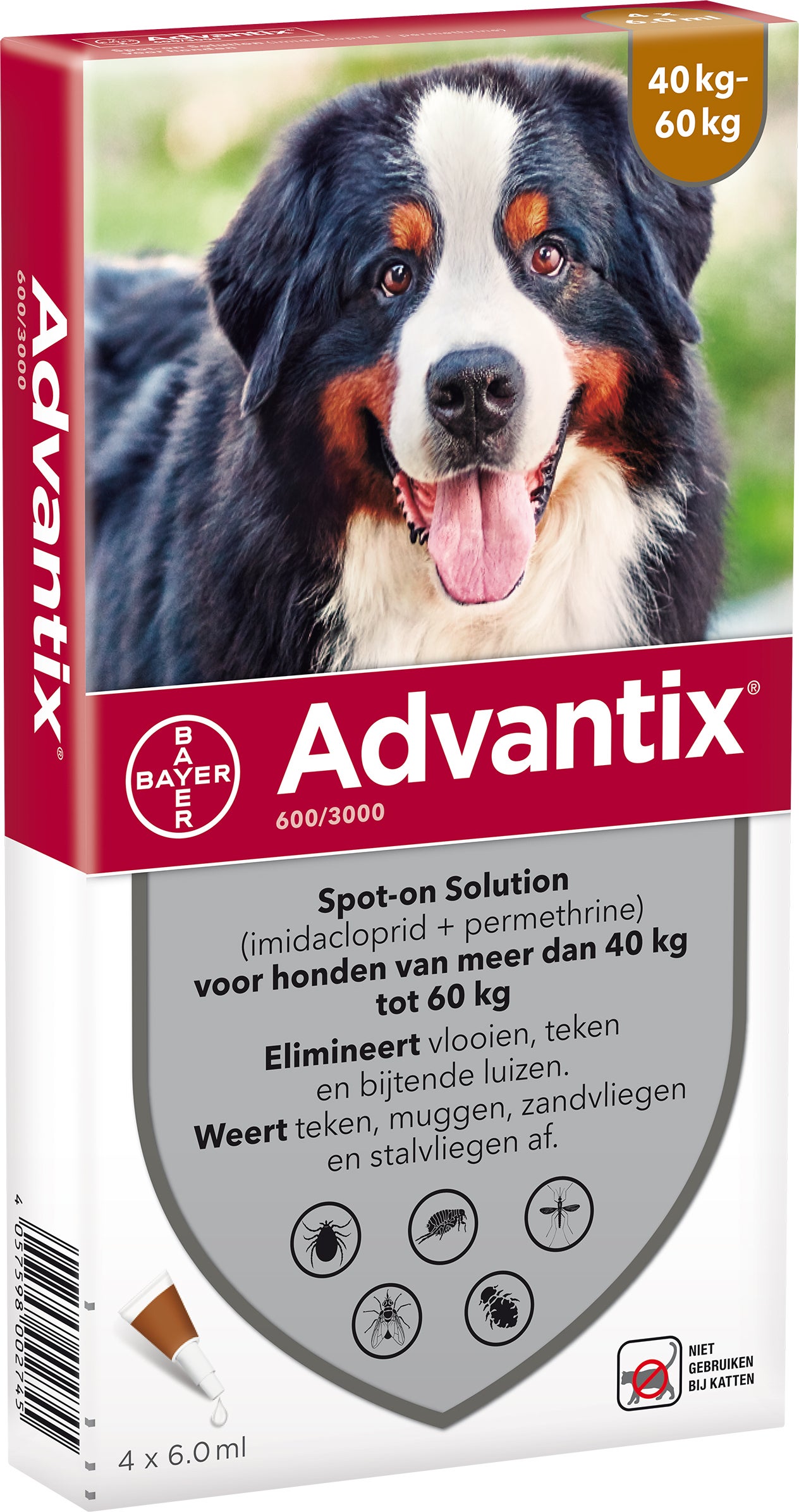 Advantix Spot-on 600 anti vlooien- en tekenmiddel 4 pipetten 40 - 60 kg