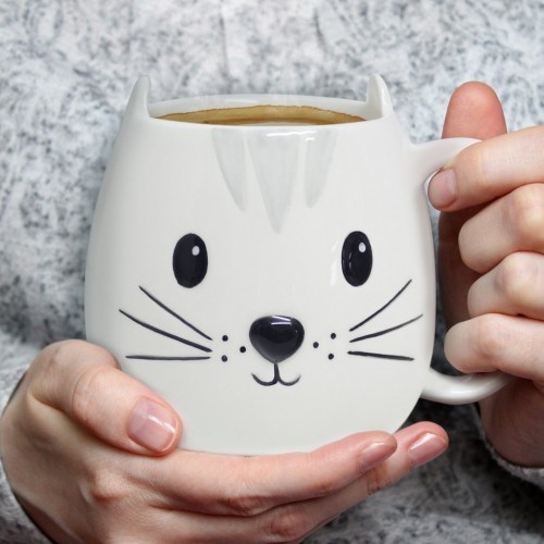 Caneca Kitty em formato de cabeça de gato, branca