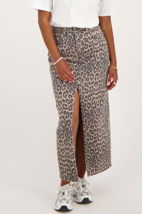 Denim midi rok met panterprint