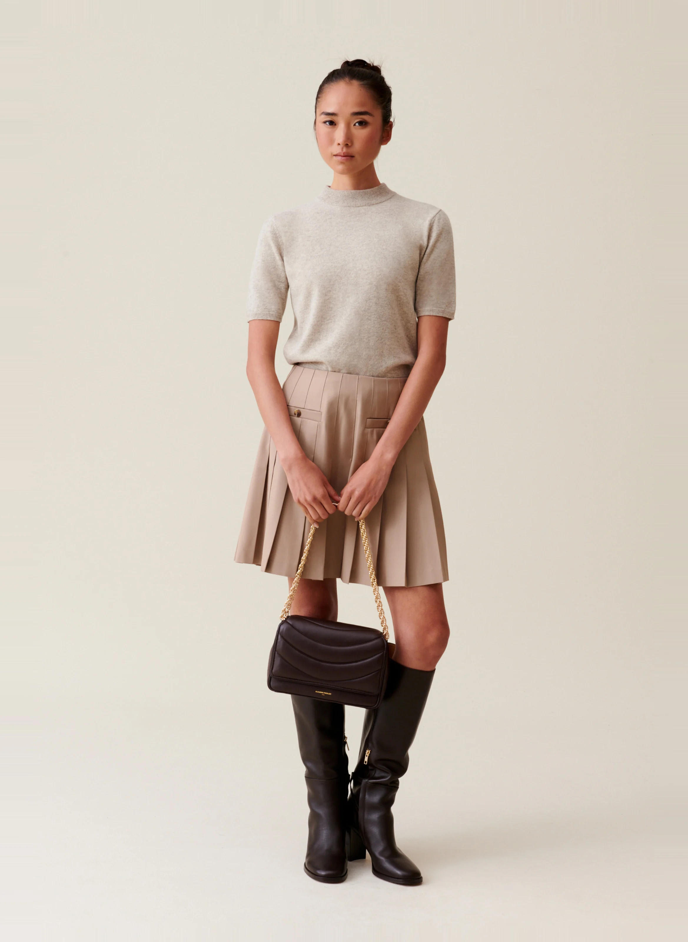 Jupe courte plissée | Beige