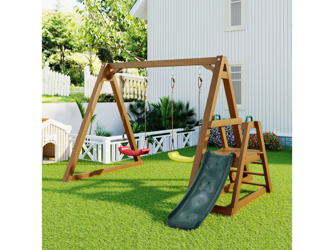 Balançoire double pour enfants - 239 x 240 x 169cm - en matériel bois - avec toboggan et échelle d'escalade - Naturel