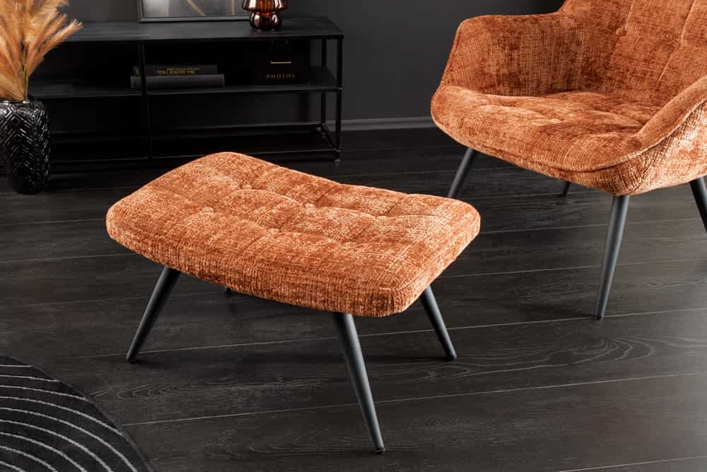 Moderner Hocker SCANDINAVIA rost braun Chenille Cremona Metallbeine Fußhocker