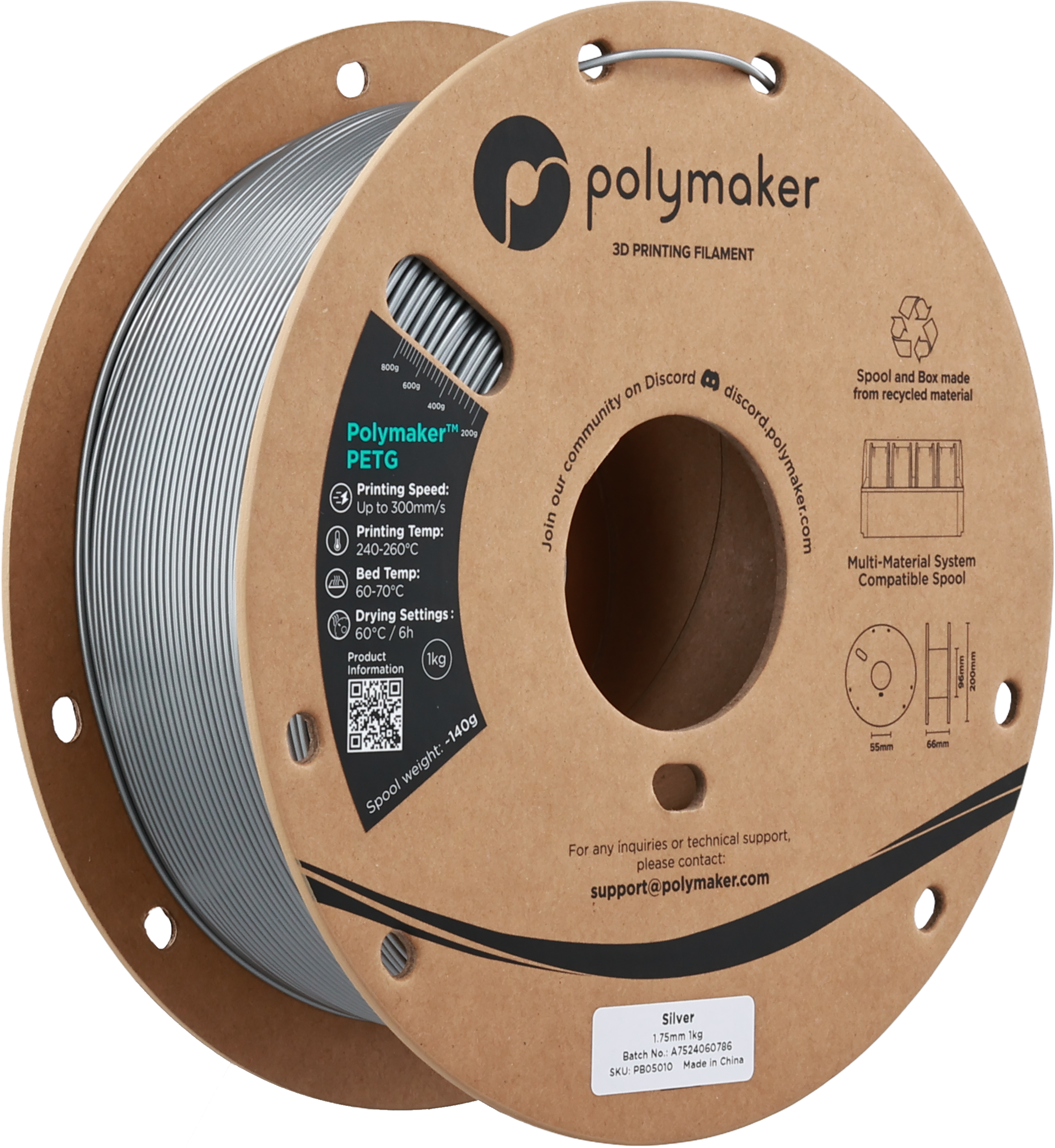 Polymaker  PETG Silver, 1,75 mm / 1000 g    Robustes PETG optimiert für High Speed Druck in Silver