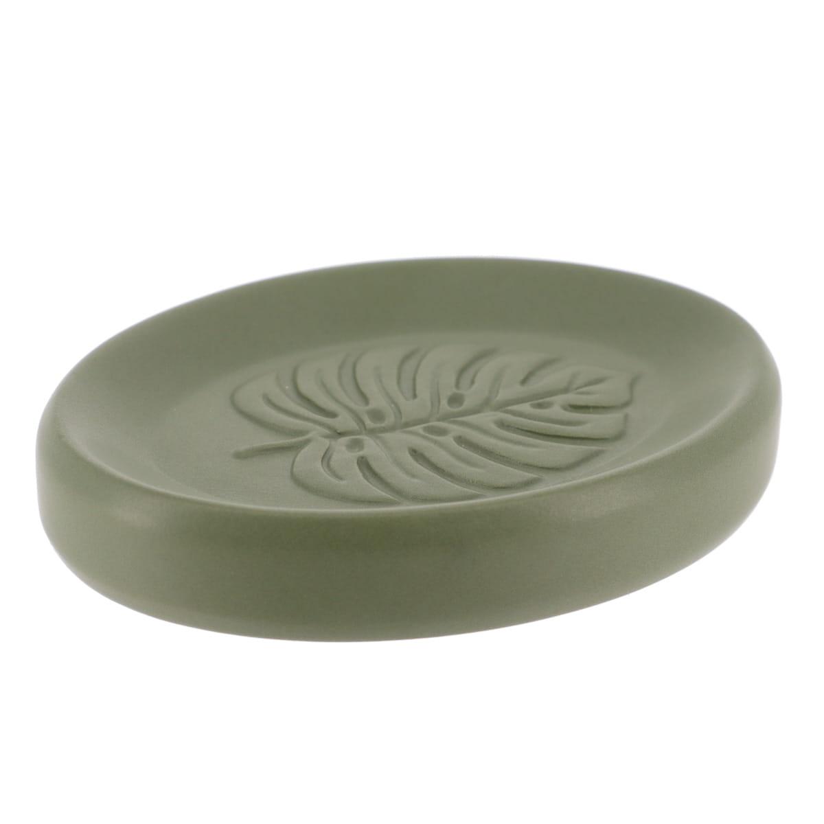 PORTE SAVON GRES DECOR FEUILLE KAKI