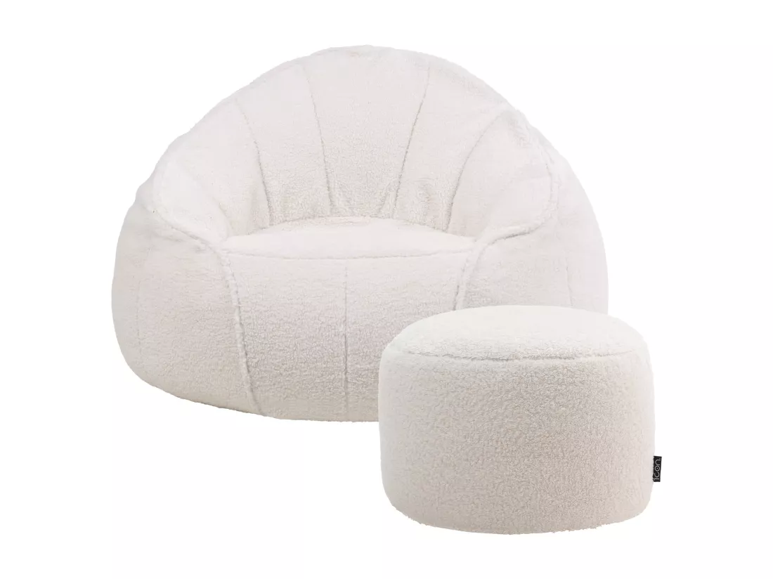 Pouf fauteuil Sherpa et repose-pieds en molleton crème - ORSO