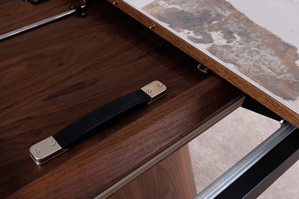 Ausziehbarer Esstisch UNIQUE 160-200cm weiß Pandora Keramik braun Walnussholz Säulenfuß