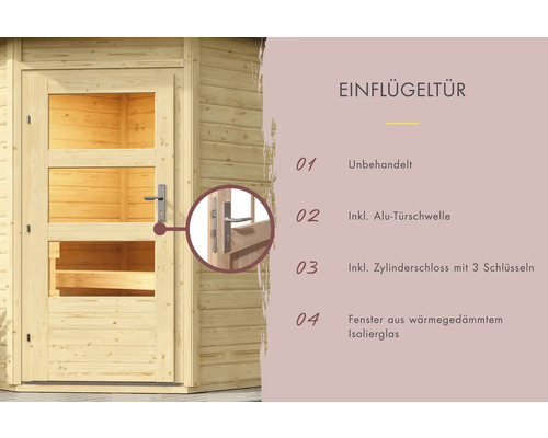 Saunacabine Karibu Pelles inclusief 9 kW kachel en externe bedieningseenheid, zonder voorruimte, met houten deur en geïsoleerd glas, thermisch geïsoleerd.