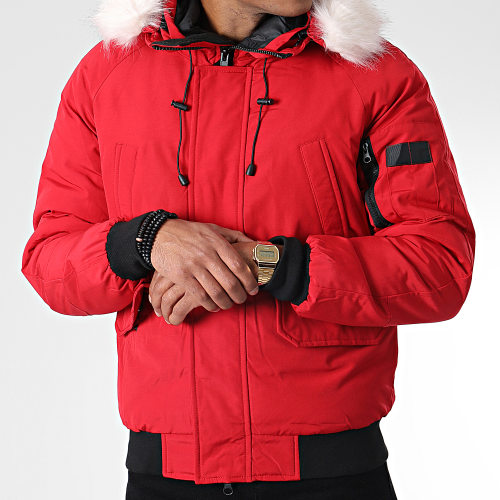 Veste Bomber Capuche Fourrure Rouge