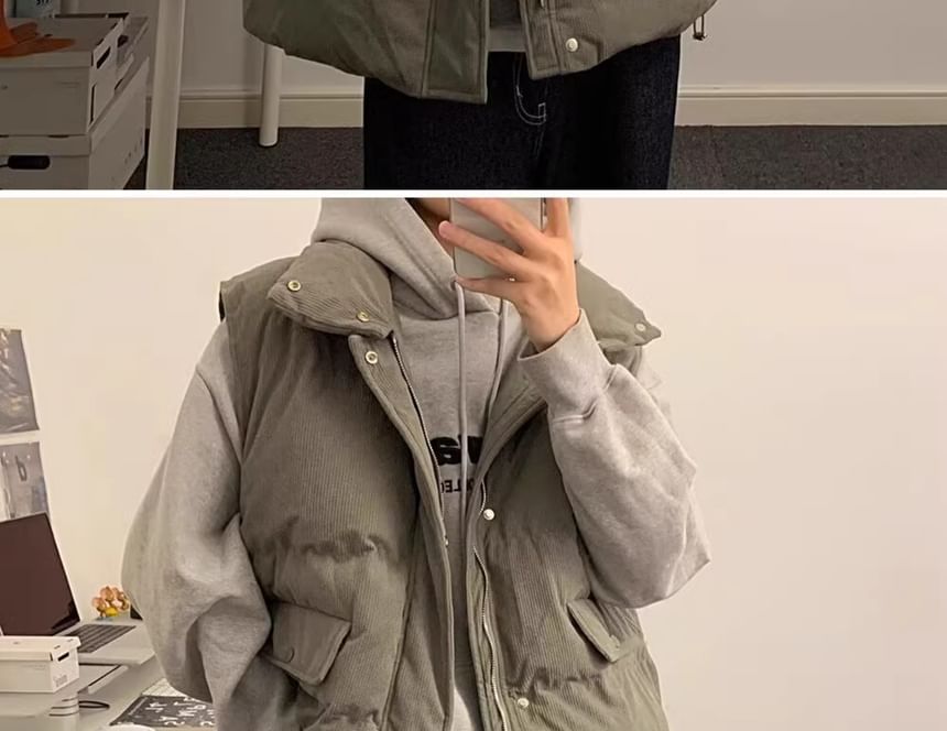 Real Boy - Corduroy opstaande kraag effen gewatteerd vest met rits en knopen