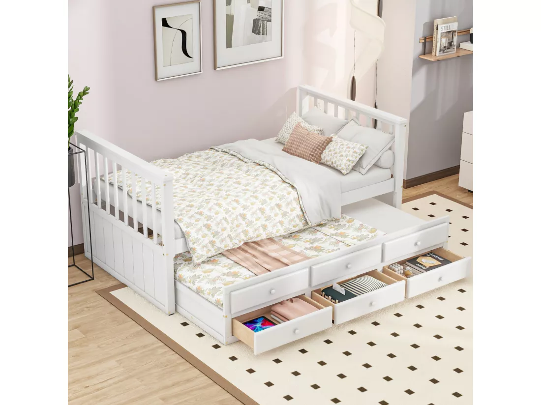 Lit gigogne 90x200cm+90x190cm, lit d'enfant Lit de jour en bois massif et MDF, avec 3 tiroirs, blanc