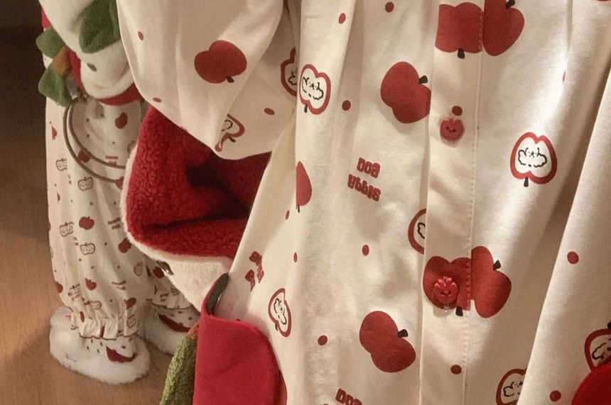 Gecko - Pyjamaset: Lange mouwen Peter Pan-kraag appelprint top met knoopjes + broek