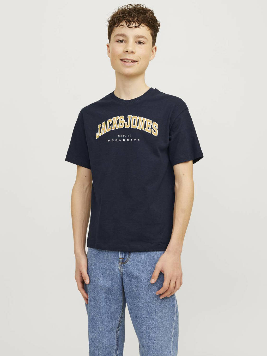 JACK & JONES T-shirt JJECALEB VARSITY met logo donkerblauw
