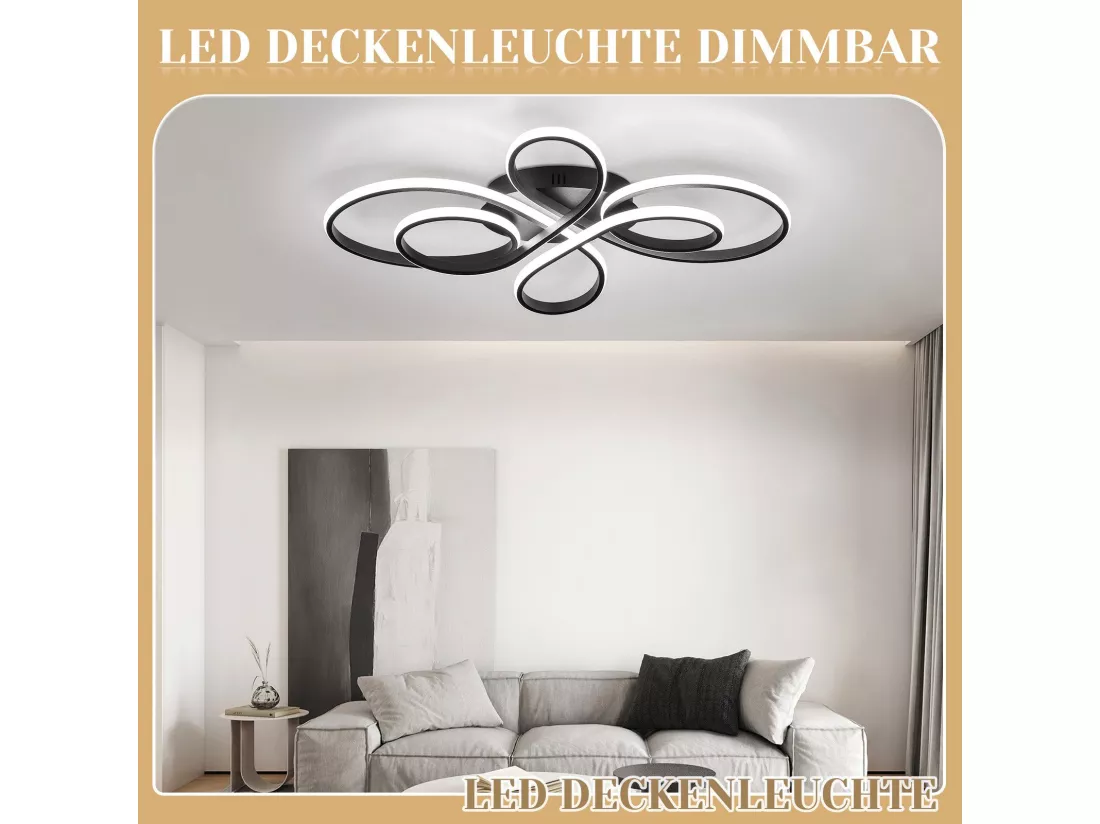 NETTLIFE Plafonnier LED Dimmable Grand 100cm Salon 90W Moderne Noir avec Télécommande