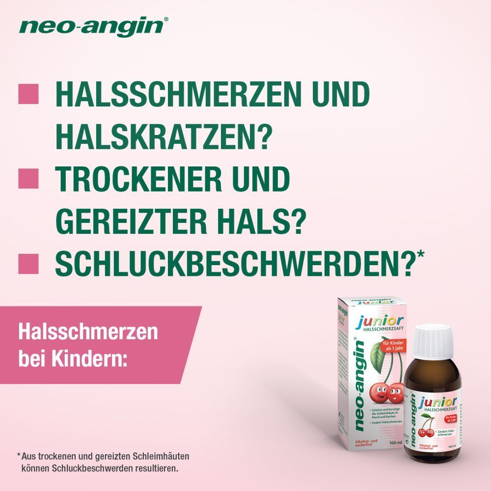 neo-angin junior Halsschmerzsaft mit leckerem Kirschgeschmack für Kinder ab 1 Jahr - zuckerfrei