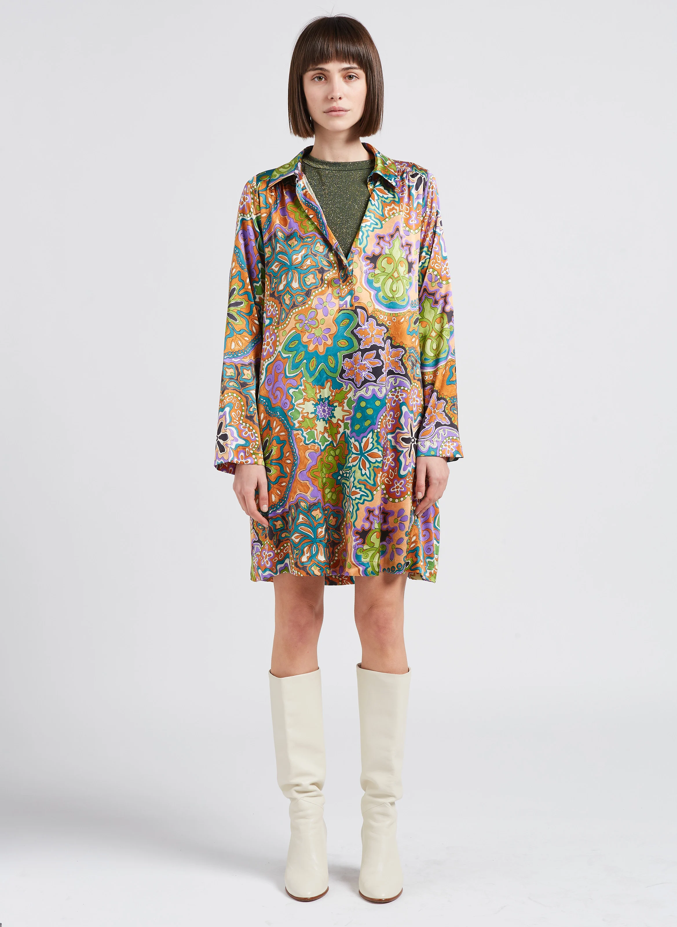 EDMONDE - Robe courte col classique imprimée en soie mélangée| Multicolore