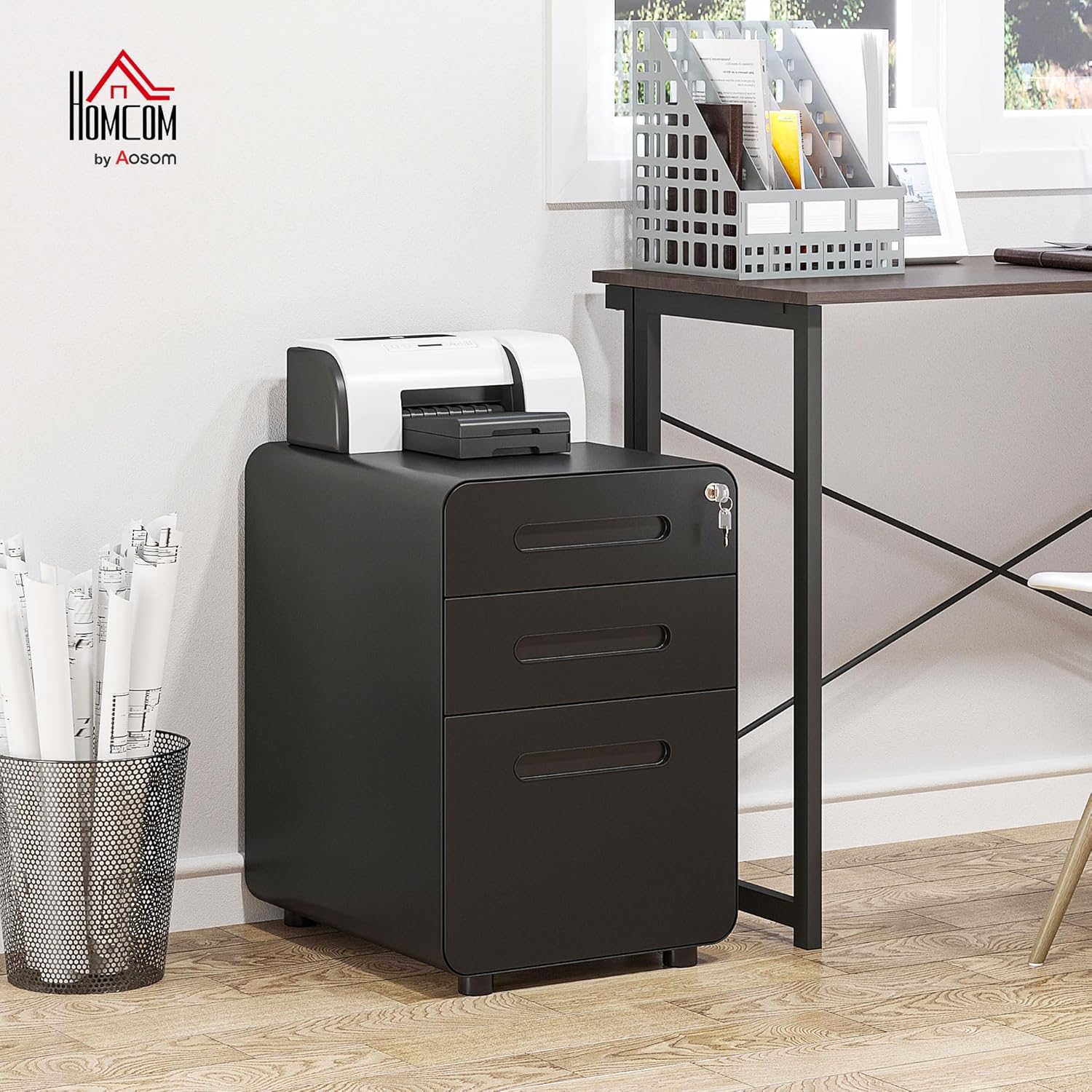 Vinsetto Rollcontainer mit 3 Schubladen mobiler Aktenschrank mit Rollen abschließbar Büroschrank mit Hängeregistratur Stiftfach, Bürocontainer Schreibtisch Unterschrank für Büro 39x48x59cm Schwarz PG2164341