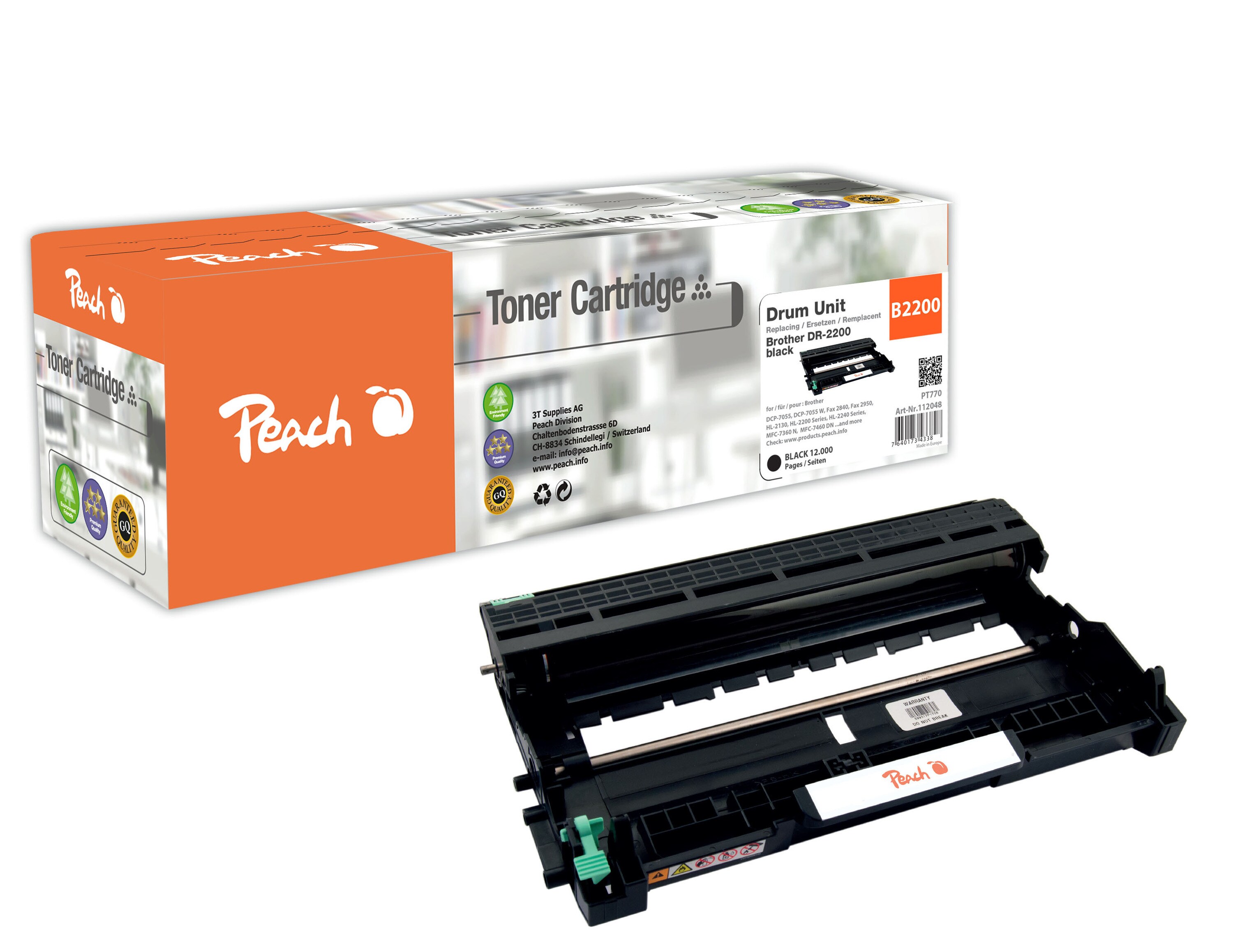 Peach B2200Trommeleinheit bk ersetzt Brother DR-2200 für z.B. Brother DCP -7055, Brother DCP -7055 W, Brother DCP -7057, Brother DCP -7060 D (wiederaufbereitet)