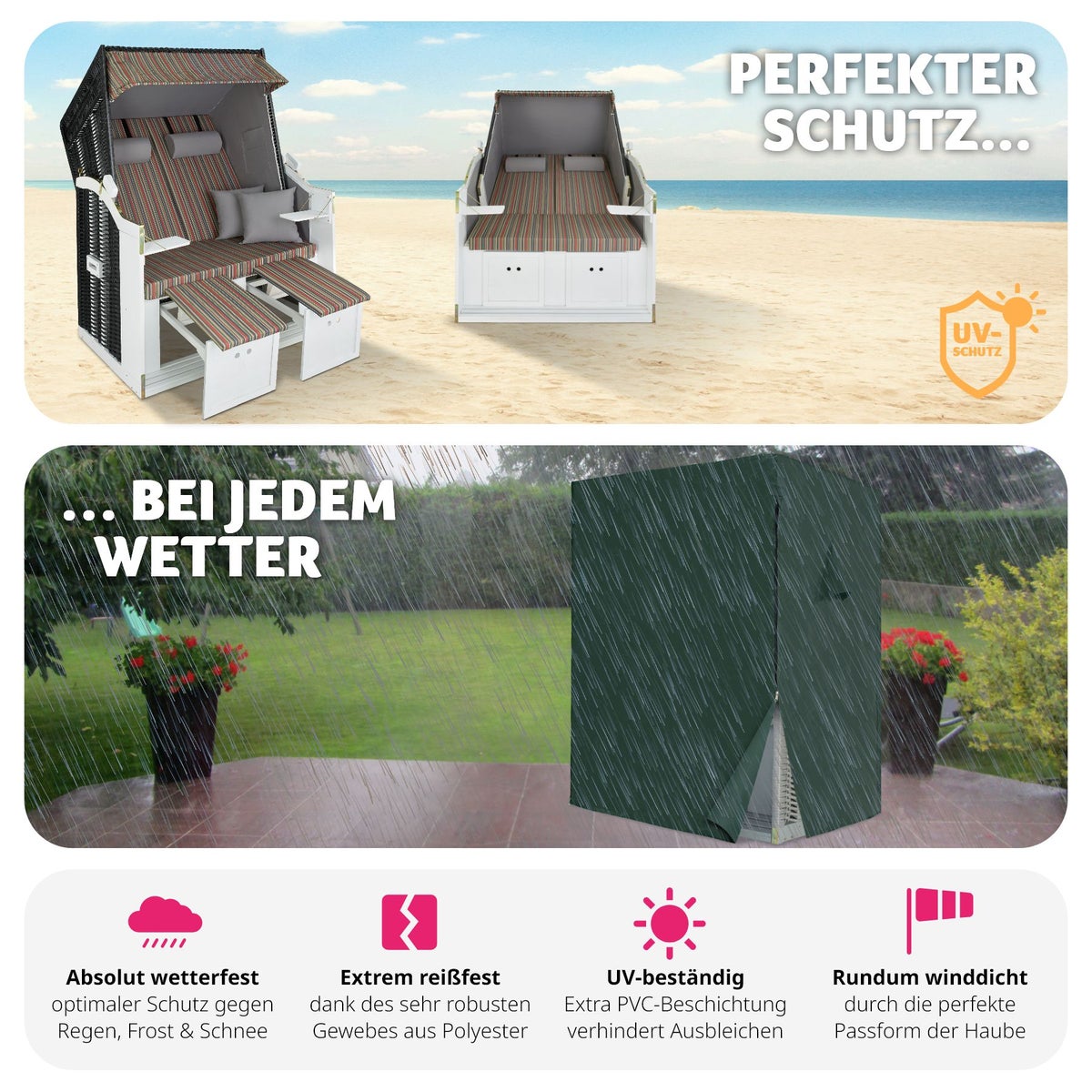 tectake Sylt gestoffeerde strandstoel met uitschuifbare voetensteun, 115 x 158 x 78 cm