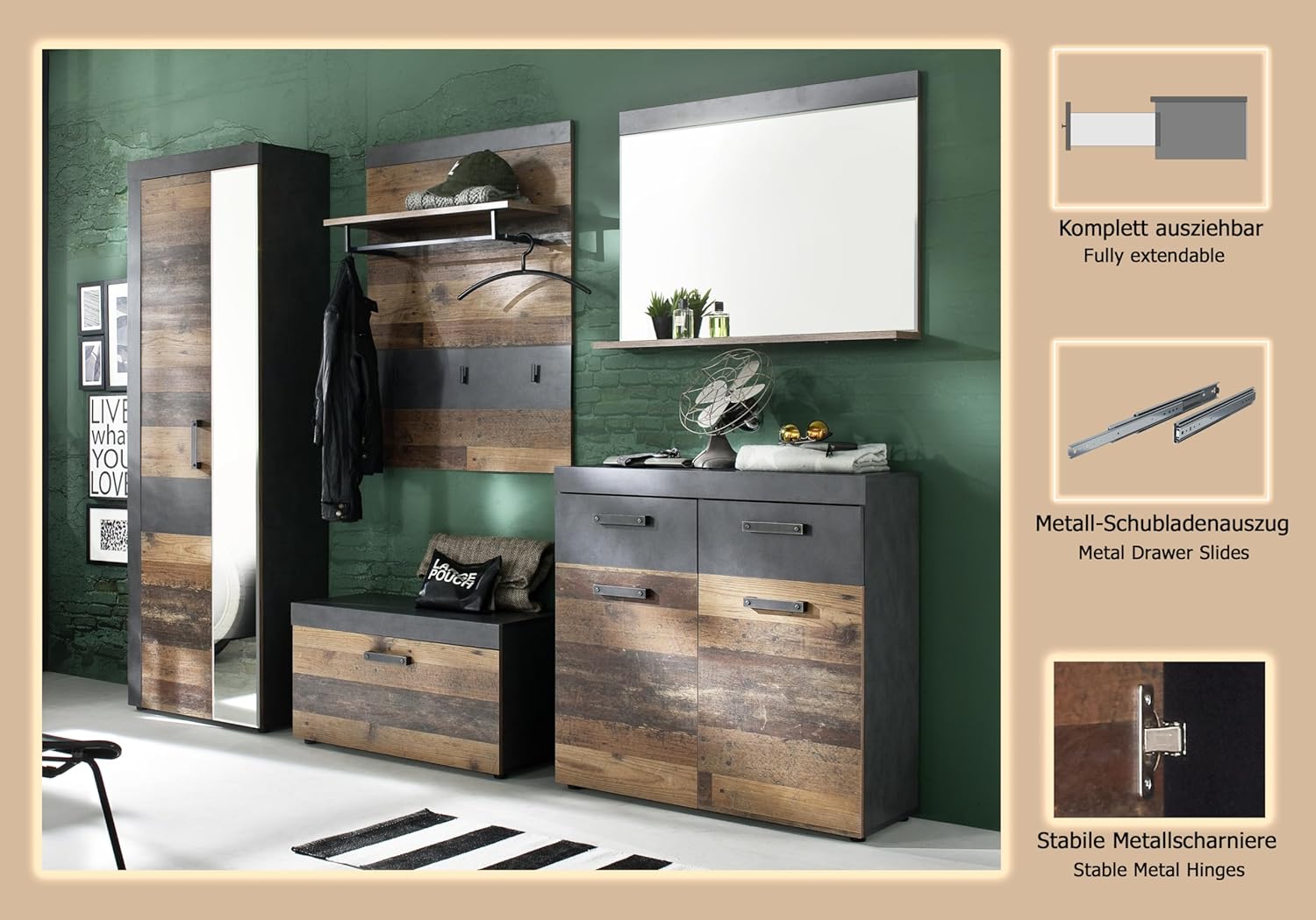 trendteam smart living - Indy - Garderobenkombination - Eiche/Grau - Garderobenschrank, Sitzbank, Paneel, Schuhschrank, Spiegel - (BxHxT) 265 x 192 x 37 cm - antikfarbene Griffe