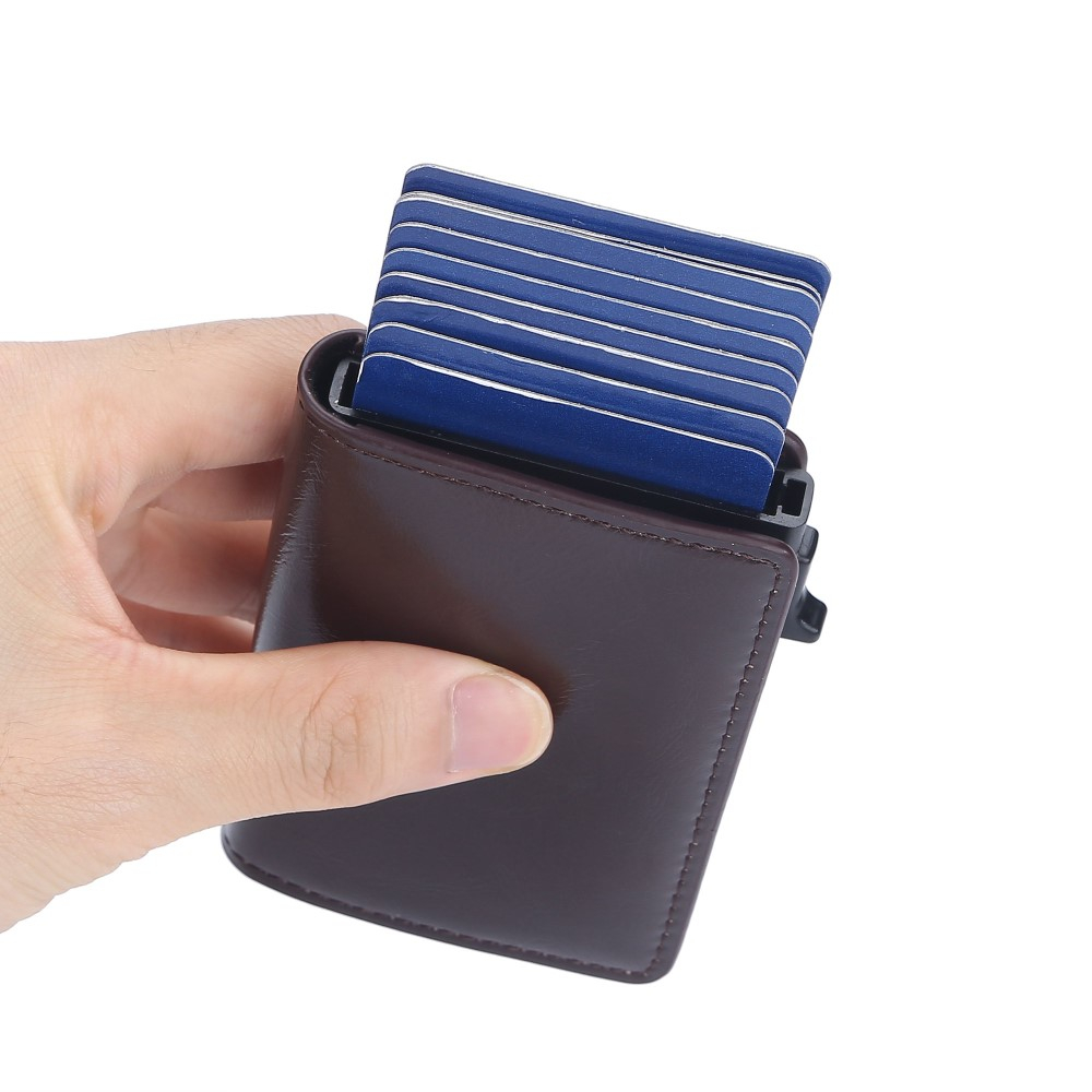Mini Kreditkarten Leder Etui Geldbörse mit Kartenauswurf-Mechanismus für 10 Karten (RFID Schutz) - Dunkelbraun