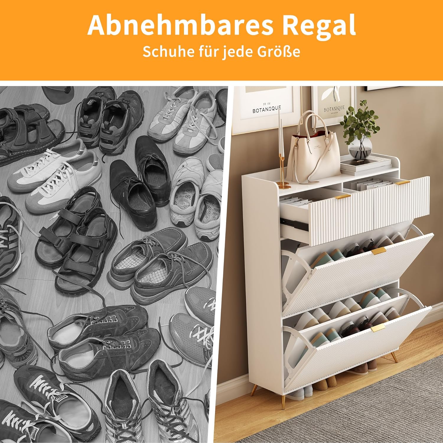 Schuhschrank mit 2 Klappen und Ablagefach, Schuhkipper Schmal mit Ablageflächen Verstellbar, Schuhkommode, für 10-20 Paar Schuhe, Schuhregal für Eingang,Flur,80x24x118.5cm (Weiß-A, 80x24x110cm)