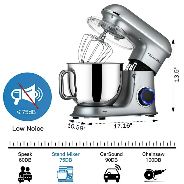 Batedeira de pedestal uhomepro de 7,5 QT para cozinha, 6 velocidades + 0 + P, cabeça inclinável, 660 W, batedeira elétrica para massa, uso doméstico e comercial, com gancho para massa, batedor, batedor de ovos, espátula, própria para lava-louças.