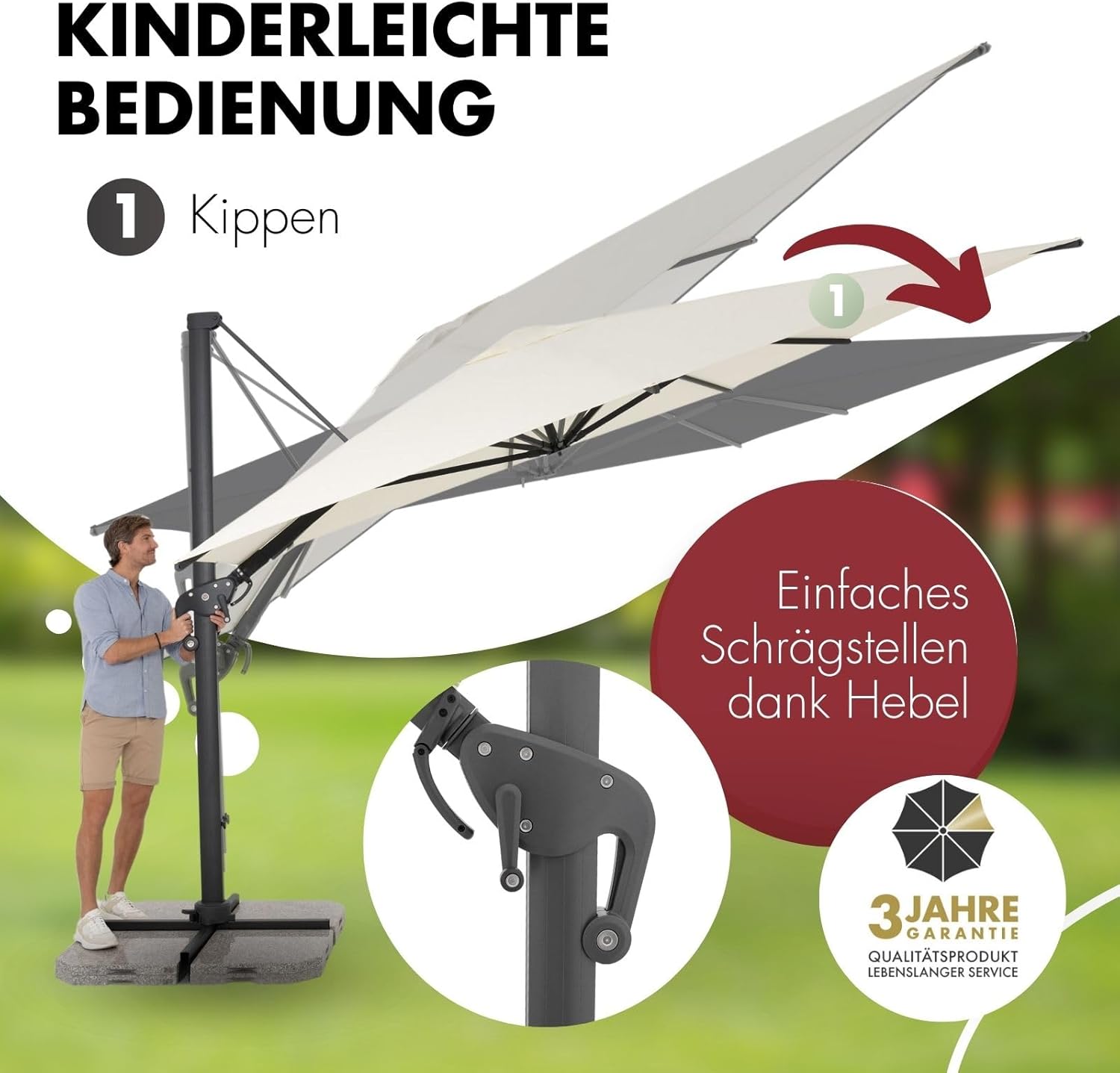 Doppler großer Pendelschirm Jack 400x300cm Natur I Sonnenschirm für Terrasse I Ampelschirm knickbar I Kurbelschirm UV-beständig aus Aluminium I Multifunktions-Pendelschirm