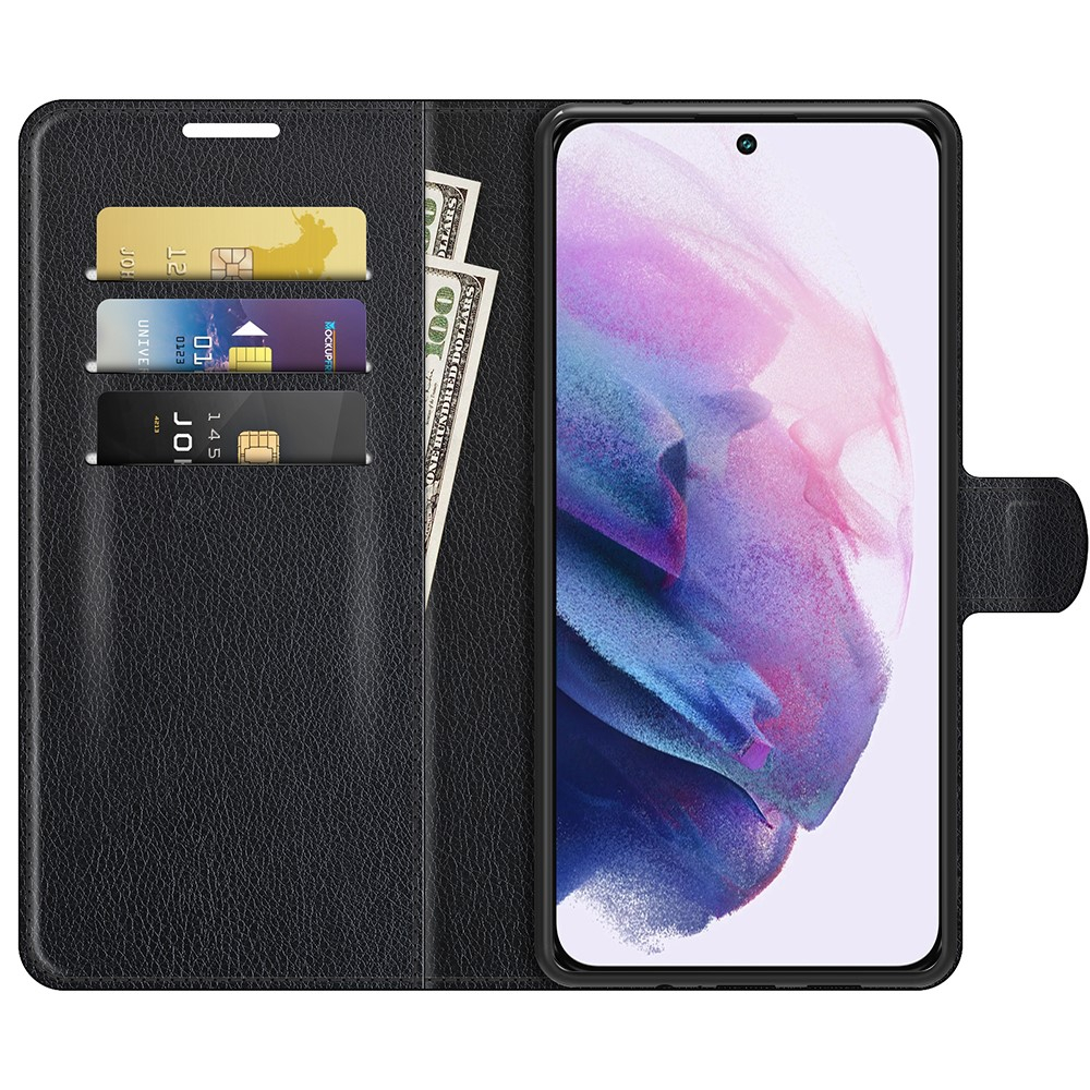 Samsung Galaxy S22 5G Leder Tasche Flip Cover Litchi Look - Schwarz