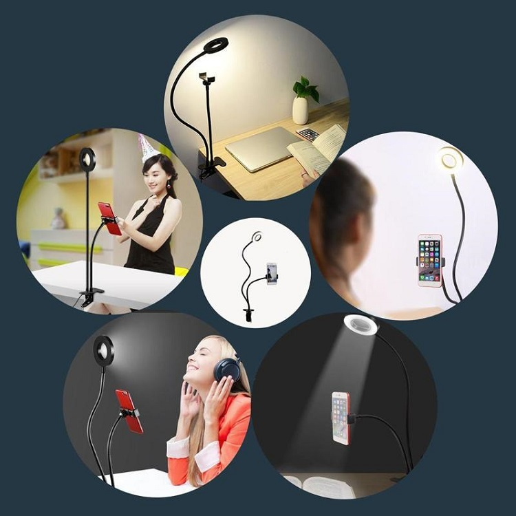 Professionelle USB Selfie Clip Teleskop Stativ Tischhalterung & LED Ringleuchte (Kalt- / Warmweiss) für YouTuber / Influencer - Weiss