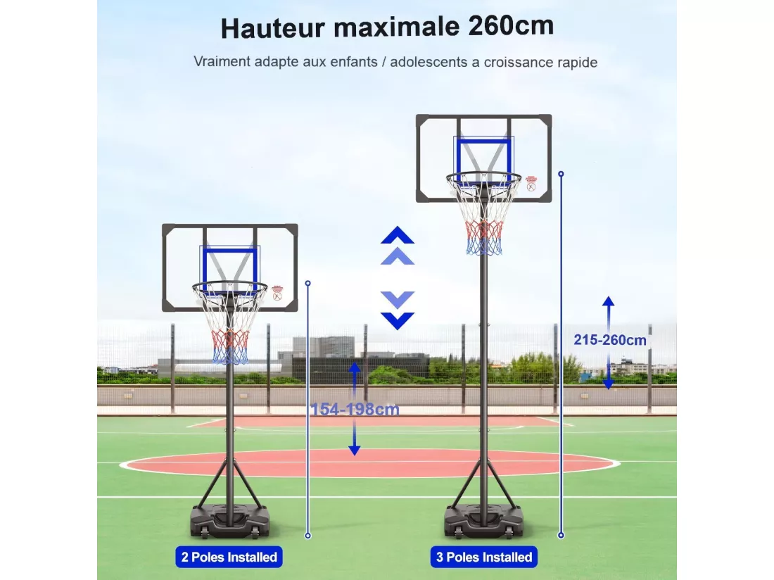 Panier de Basket-Ball, 1,54-2,6 m rapidement réglable, avec base remplissant et 2 roues, pour Enfant/Adultes - 86x81x260cm