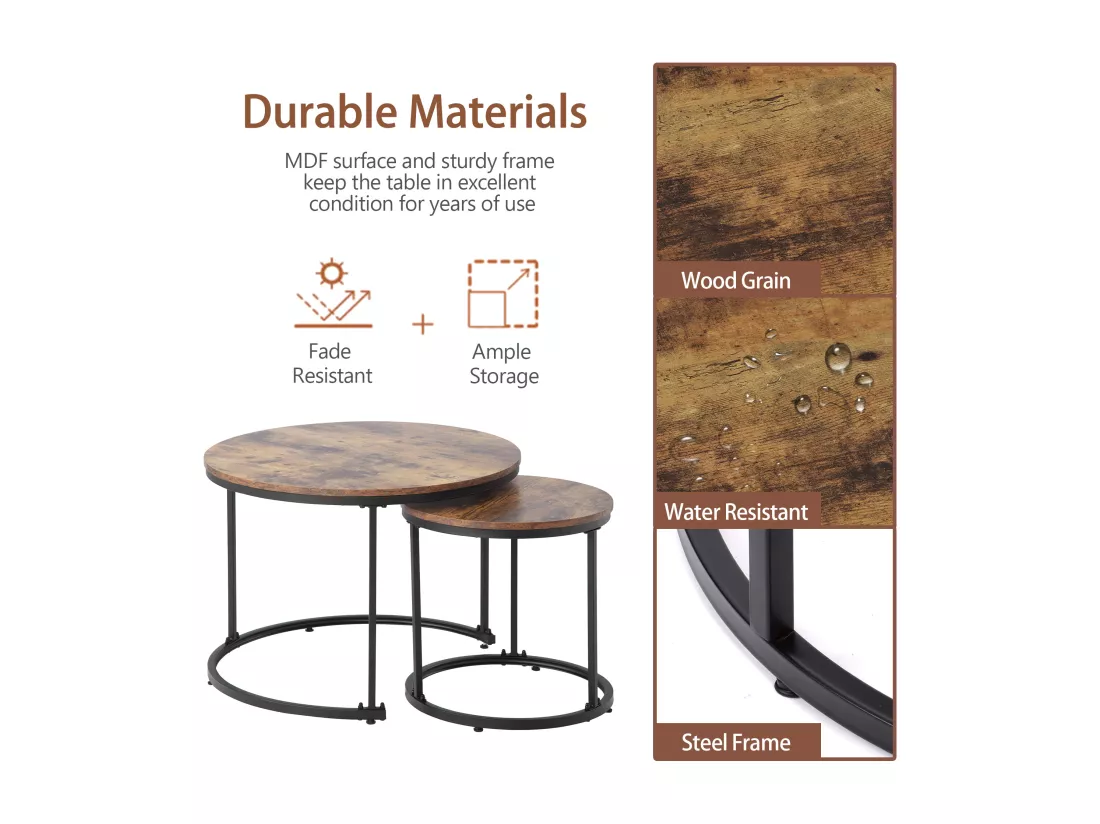 Ensemble de 2 tables basses gigognes rondes effet bois noyer style industriel VELES