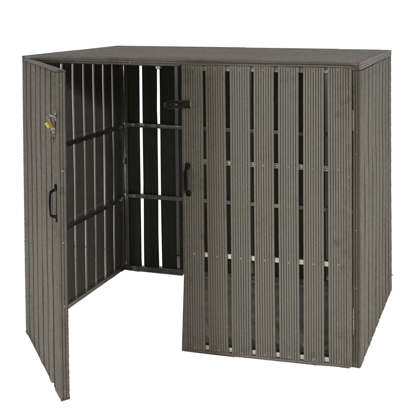 2er WPC-Mülltonnenverkleidung MCW-J28, Mülltonnenbox, Metall Holzoptik, erweiterbar 2x240l ~ grau