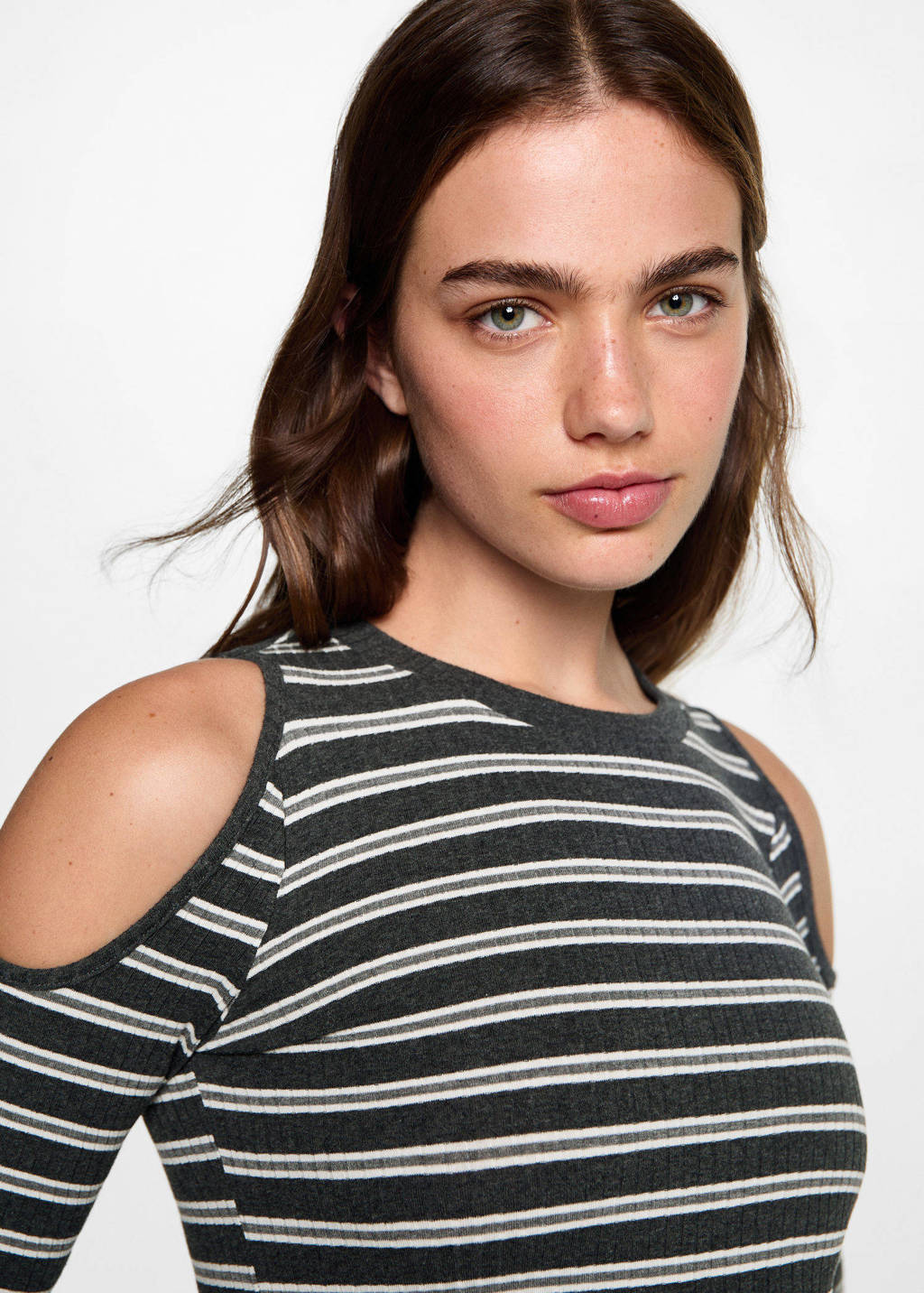 MANGO TEEN gestreepte open shoulder bodycon jurk donkergrijs/wit