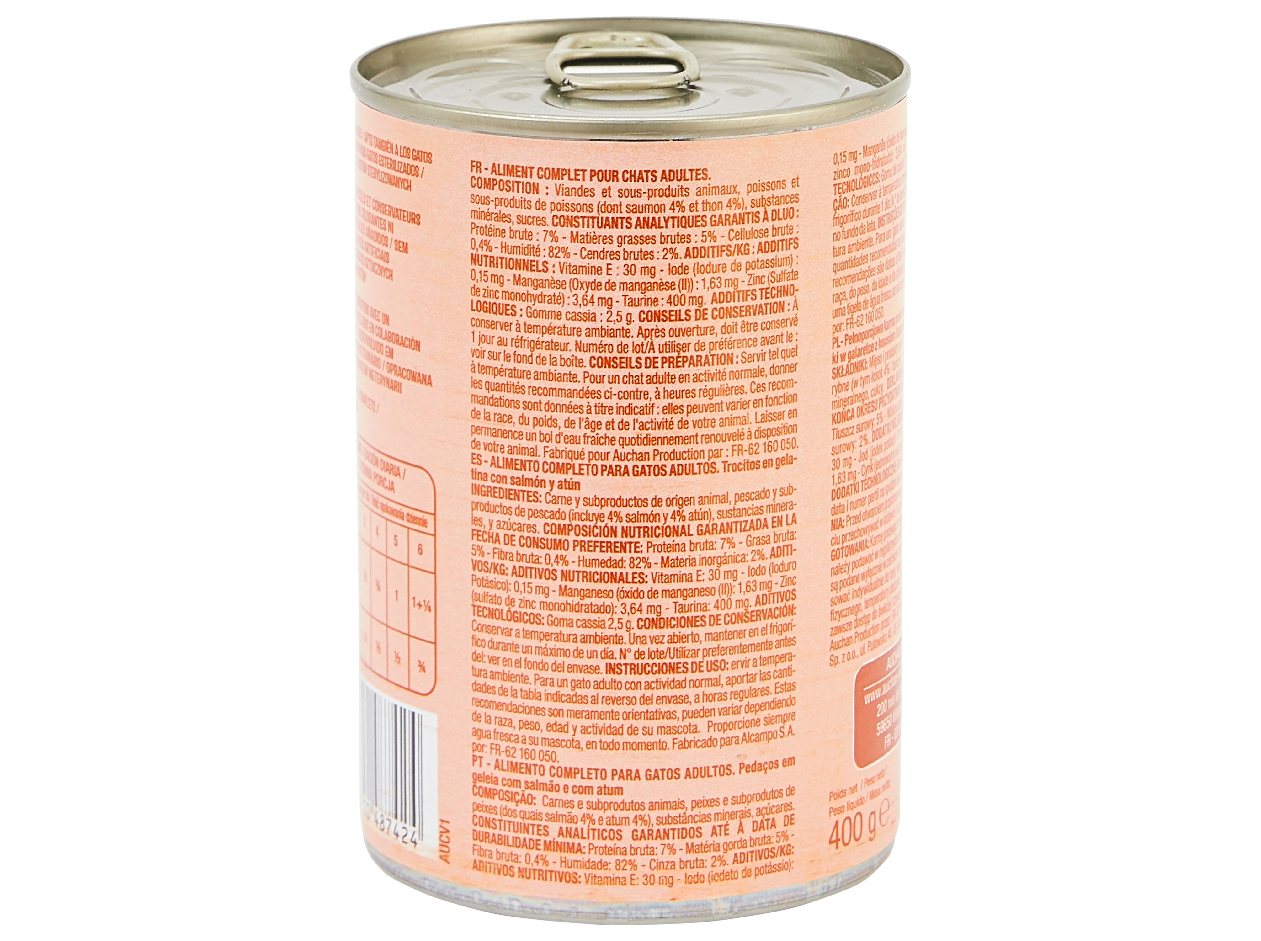 COMIDA HÚMIDA PARA GATO AUCHAN PEDAÇOS EM GELEIA COM SALMÃO E COM ATUM 400G