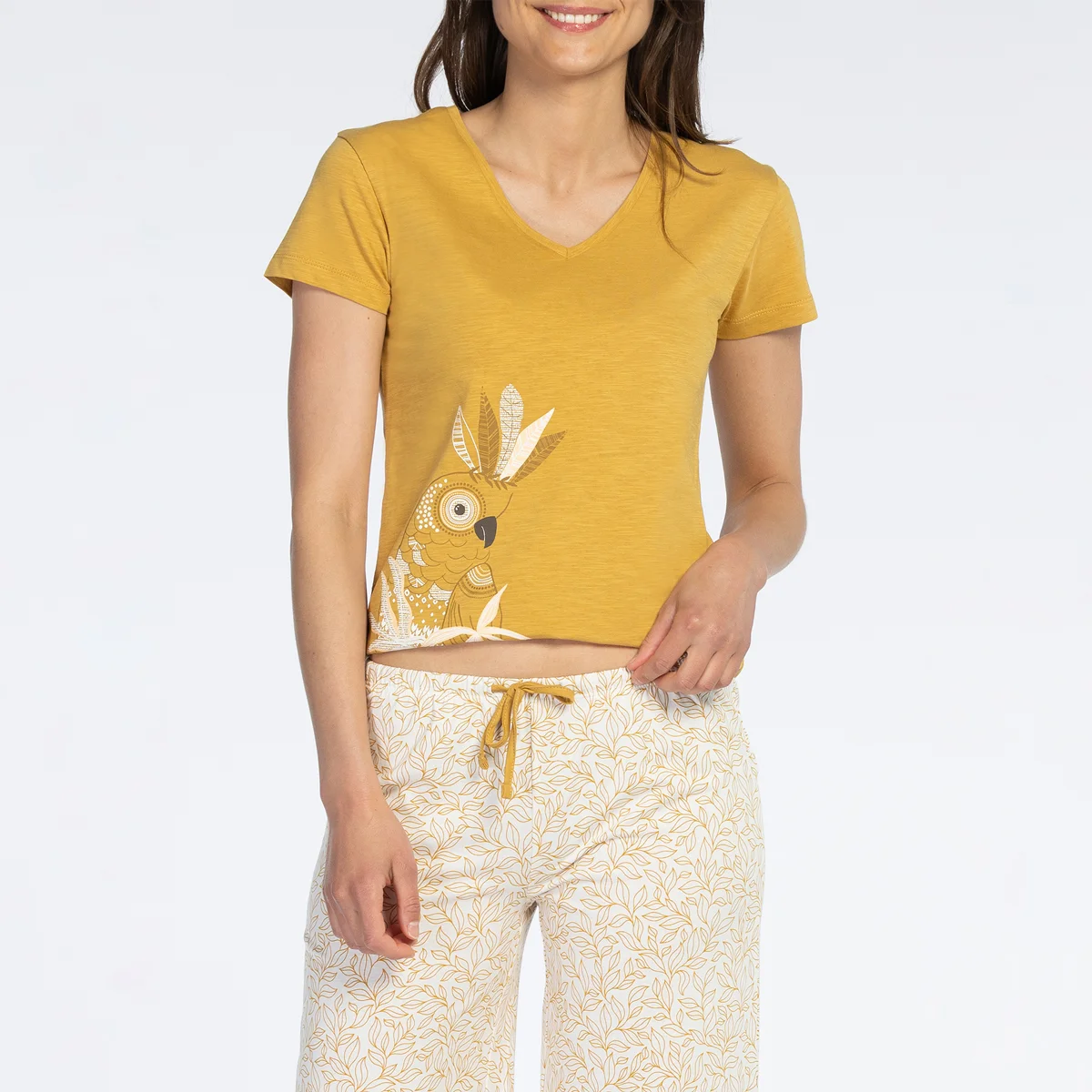 Pyjama court femme YLANG jaune/imprimé