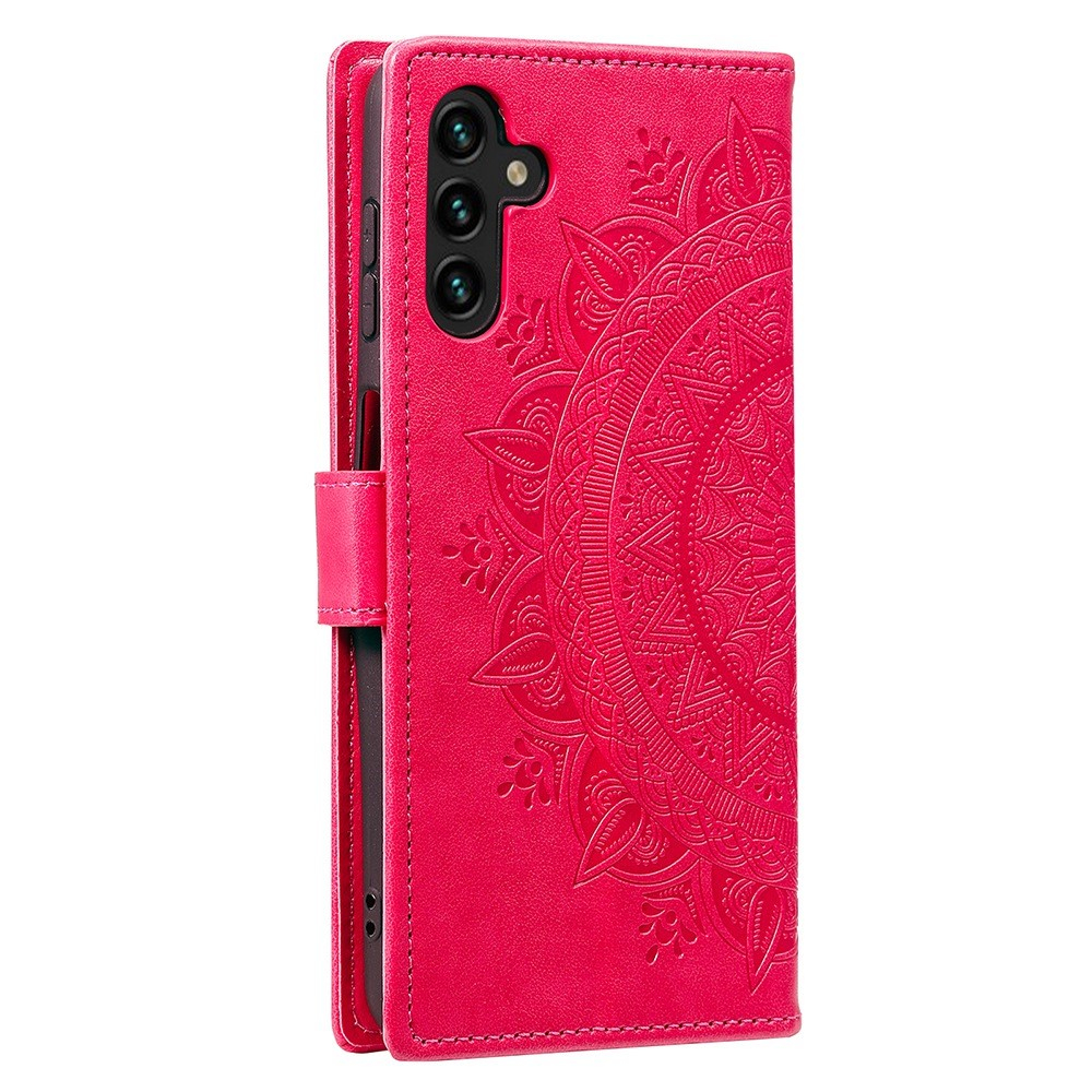 Samsung Galaxy A54 5G Leder Tasche Wallet - Mandala Flowers Imprint - Rot / Pink
