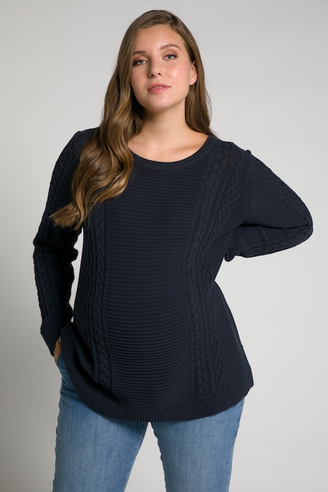 Bellieva-Pullover, Zopfmuster, Rundhals, Langarm, GOTS