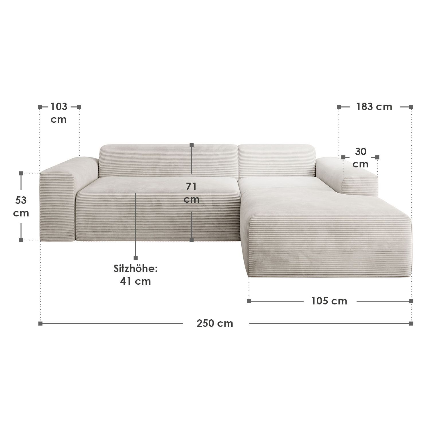 Juskys Sofa Vals Rechts mit PESO Stoff - Ecksofa Couch Wohnzimmer modern Sitzfläche - Beige