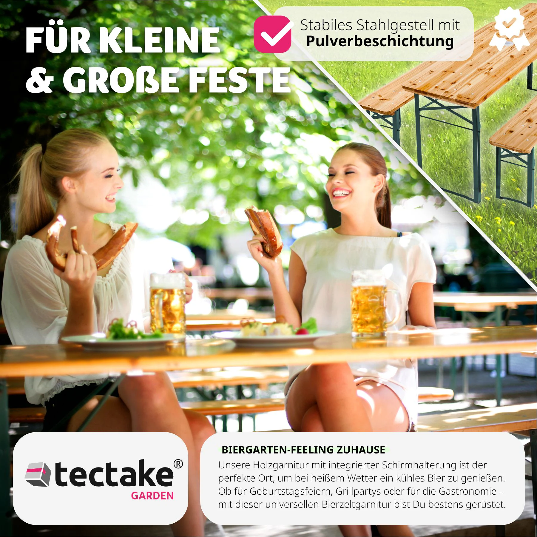 tectake® Bierzeltgarnitur, 3-teilig mit Sonnenschirmhalterung, belastbar, Holzlackierung mit Klarlack